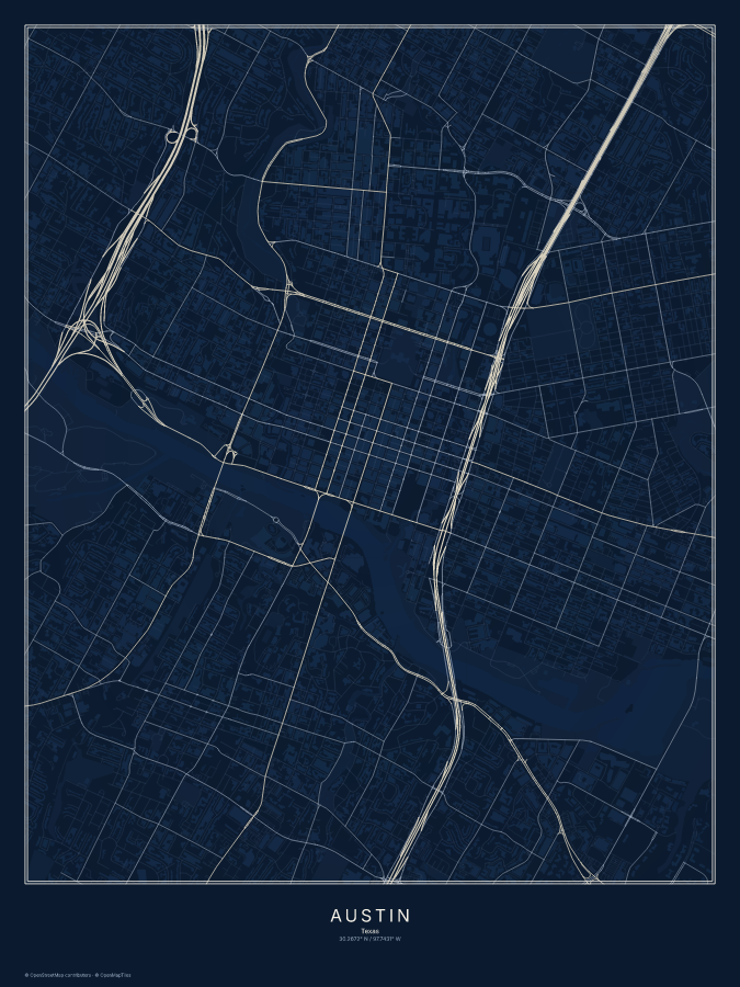 Austin map poster, midnight style