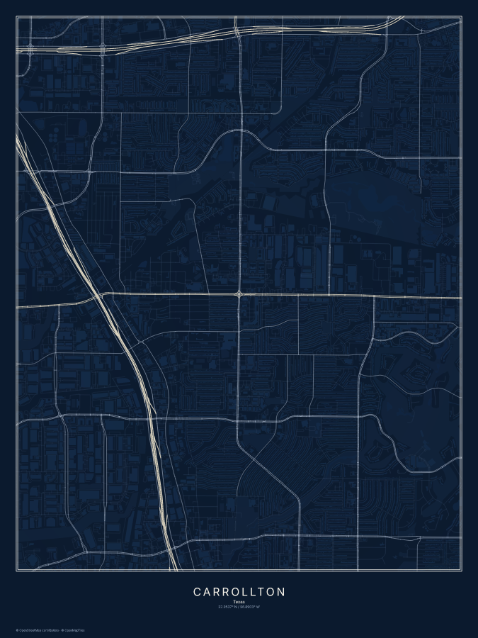 Carrollton map poster, midnight style