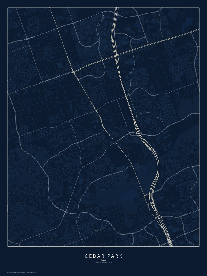 Cedar Park map poster, midnight style