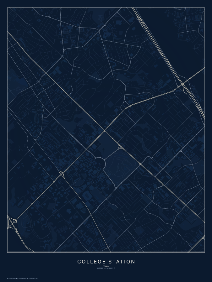 College Station map poster, midnight style