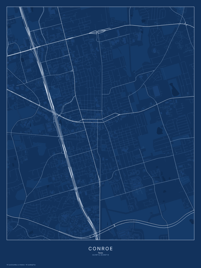 Conroe map poster, blueprint style