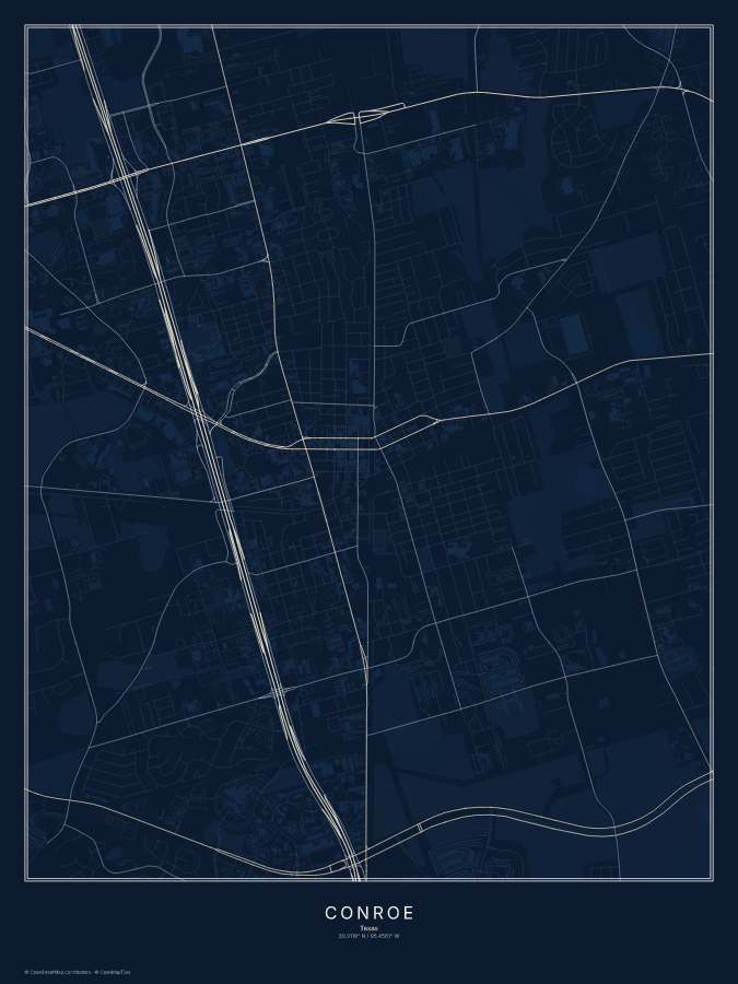 Conroe map poster, midnight style