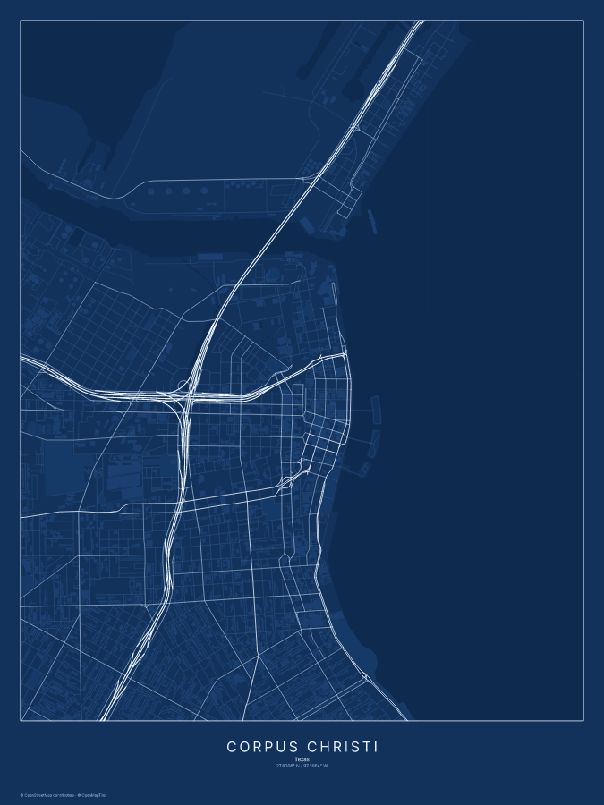 Corpus Christi map poster, blueprint style
