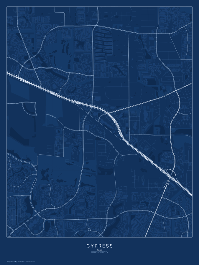 Cypress map poster, blueprint style