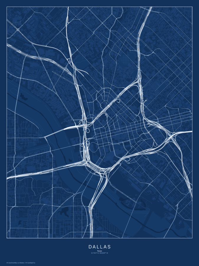 Dallas map poster, blueprint style
