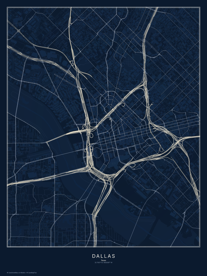 Dallas map poster, midnight style