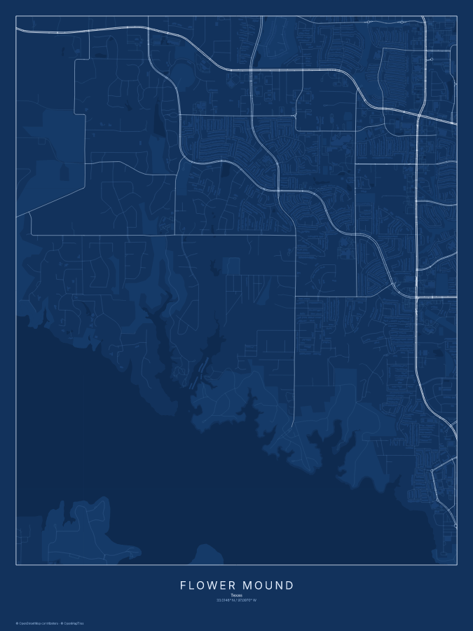 Flower Mound map poster, blueprint style