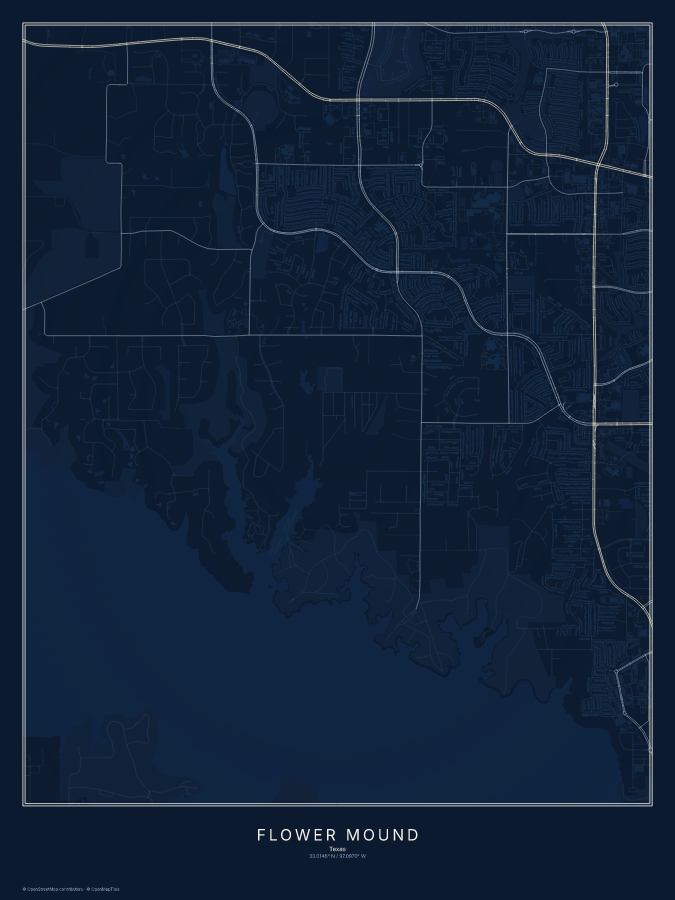 Flower Mound map poster, midnight style