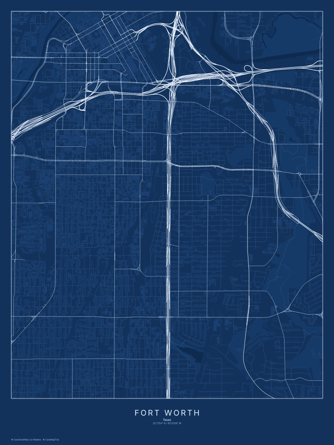 Fort Worth map poster, blueprint style