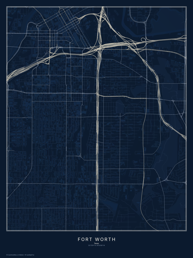 Fort Worth map poster, midnight style