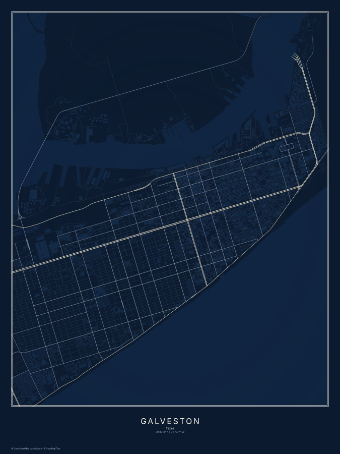 Galveston map poster, midnight style