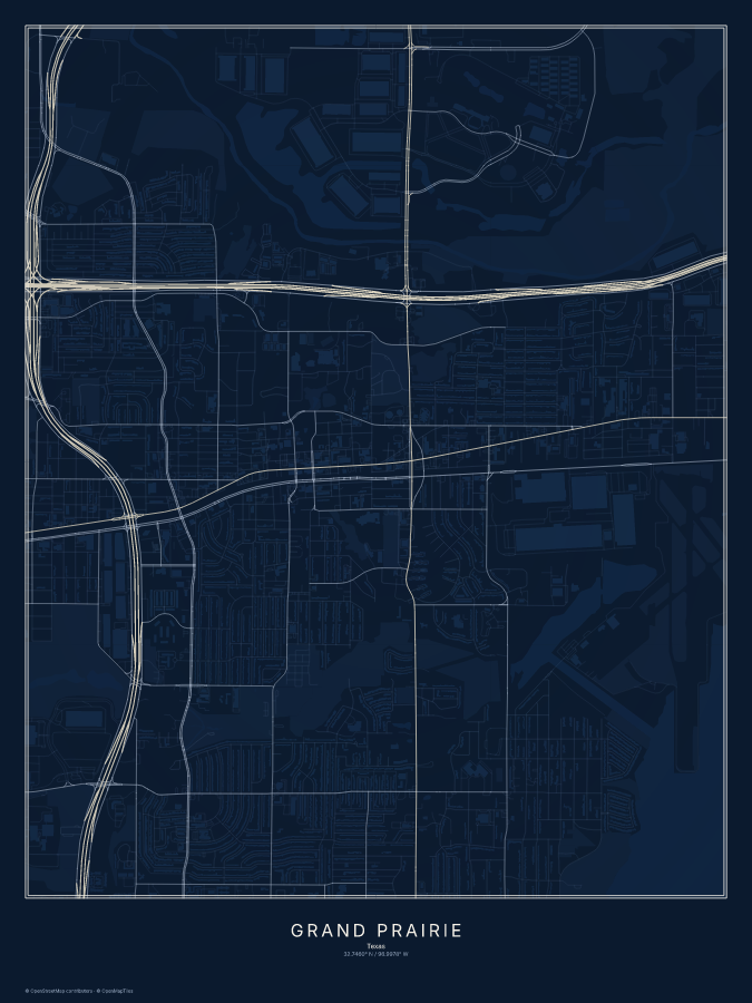 Grand Prairie map poster, midnight style