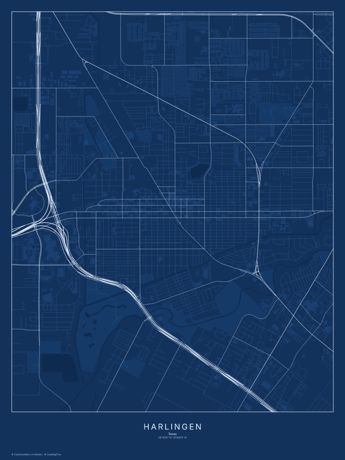 Harlingen map poster, blueprint style