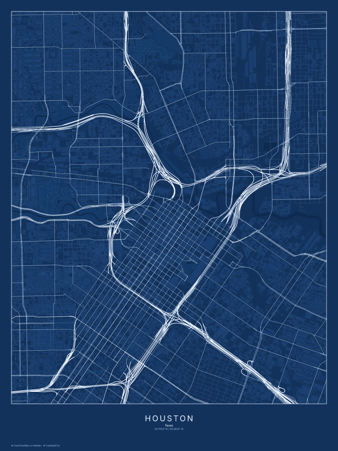 Houston map poster, blueprint style