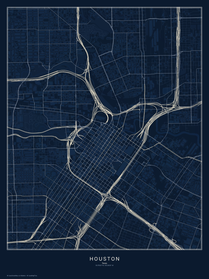 Houston map poster, midnight style