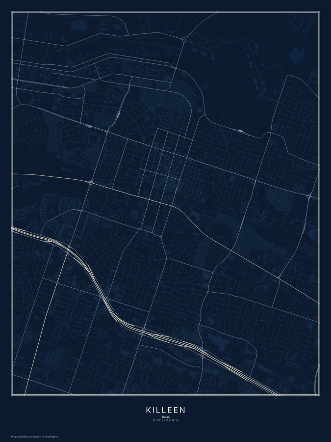 Killeen map poster, midnight style