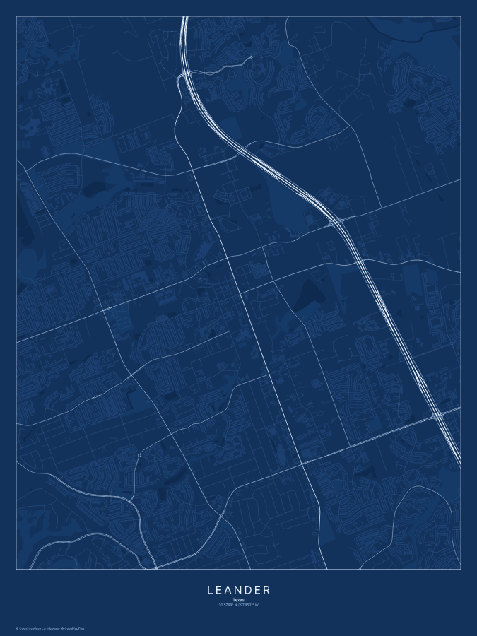 Leander map poster, blueprint style