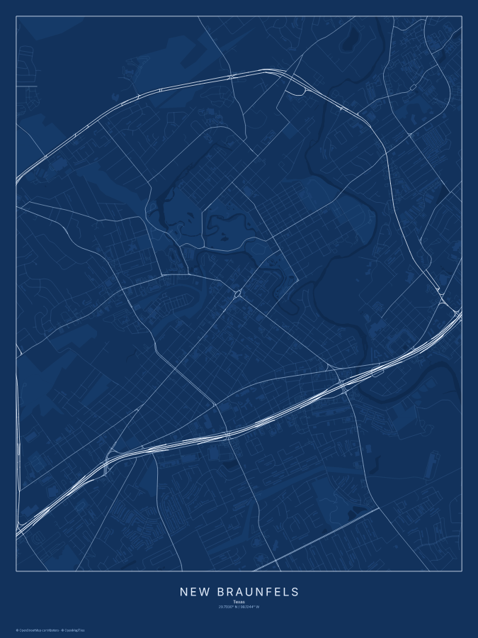 New Braunfels map poster, blueprint style