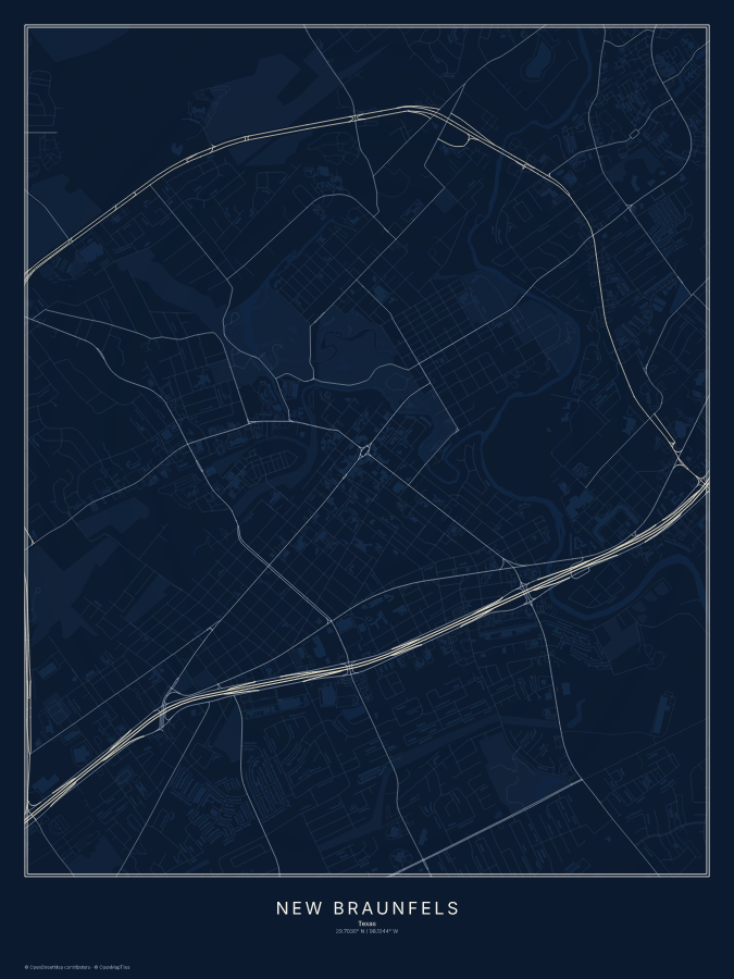 New Braunfels map poster, midnight style