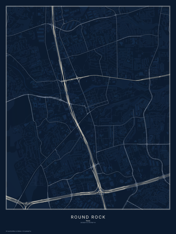 Round Rock map poster, midnight style