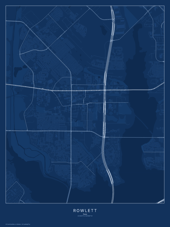 Rowlett map poster, blueprint style