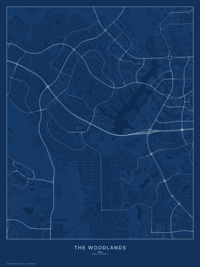 The Woodlands map poster, blueprint style