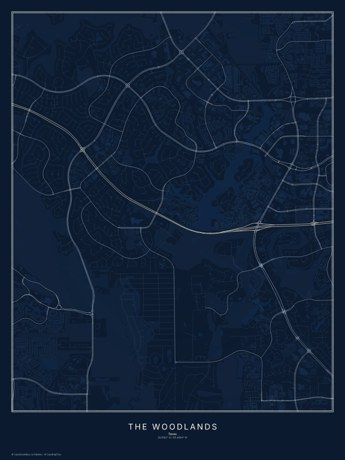 The Woodlands map poster, midnight style
