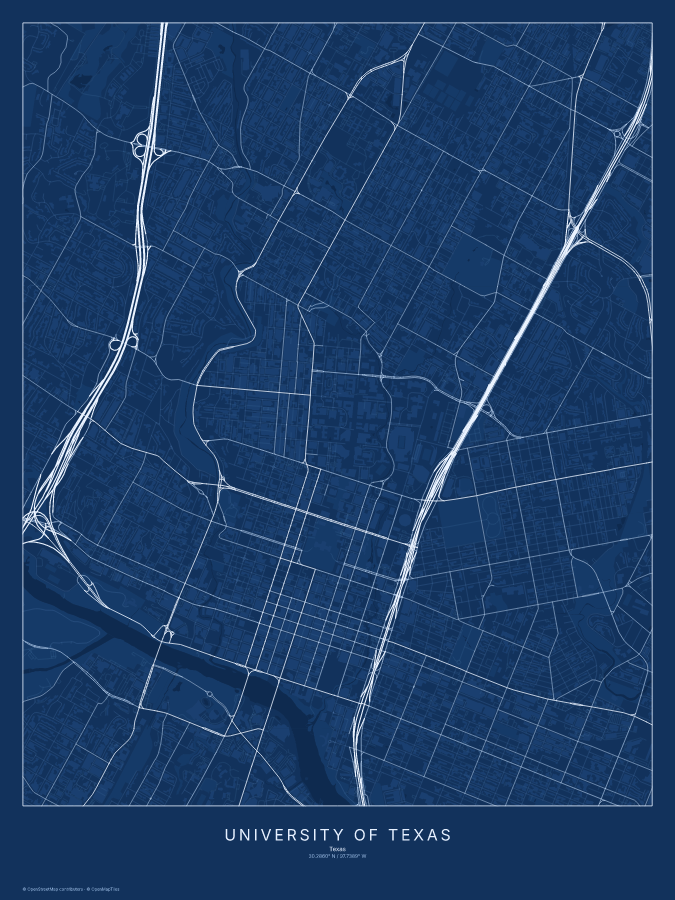 University of Texas map poster, blueprint style