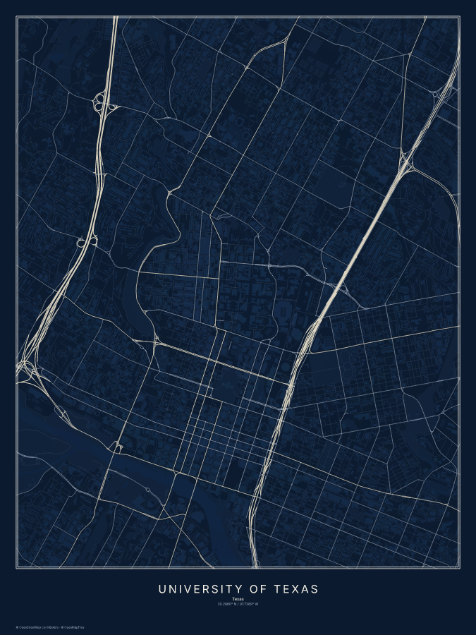 University of Texas map poster, midnight style