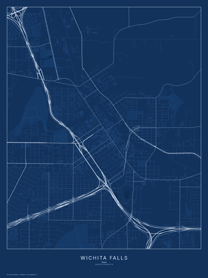 Wichita Falls map poster, blueprint style