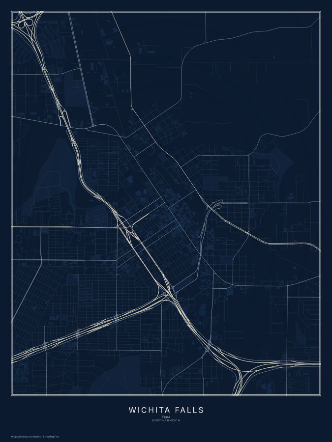 Wichita Falls map poster, midnight style