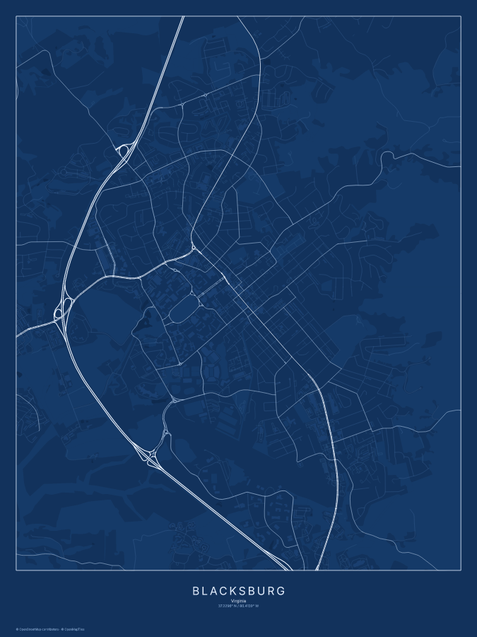 Blacksburg map poster, blueprint style
