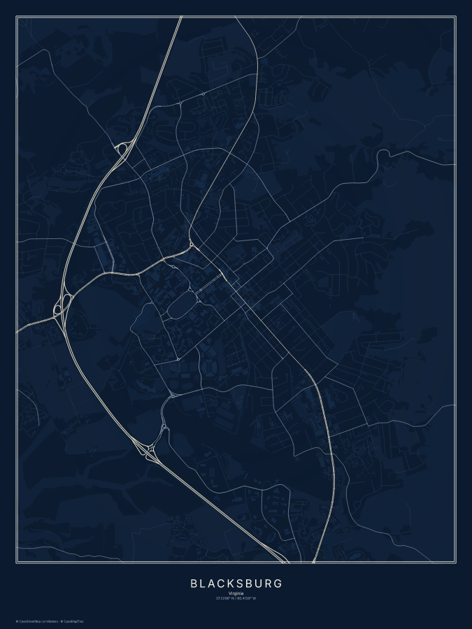Blacksburg map poster, midnight style