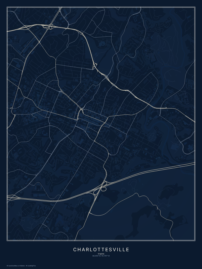 Charlottesville map poster, midnight style