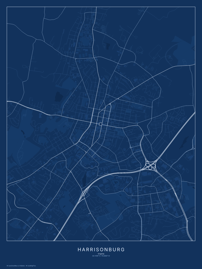 Harrisonburg map poster, blueprint style