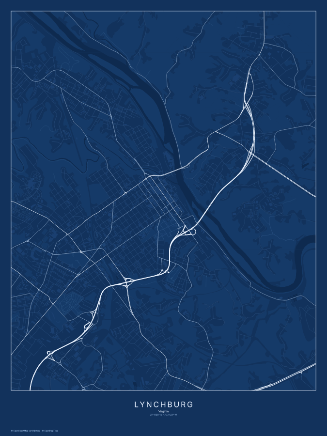 Lynchburg map poster, blueprint style
