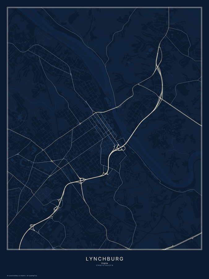 Lynchburg map poster, midnight style