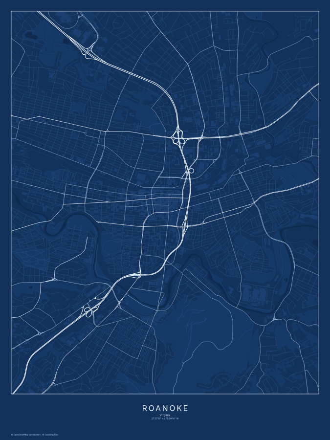 Roanoke map poster, blueprint style