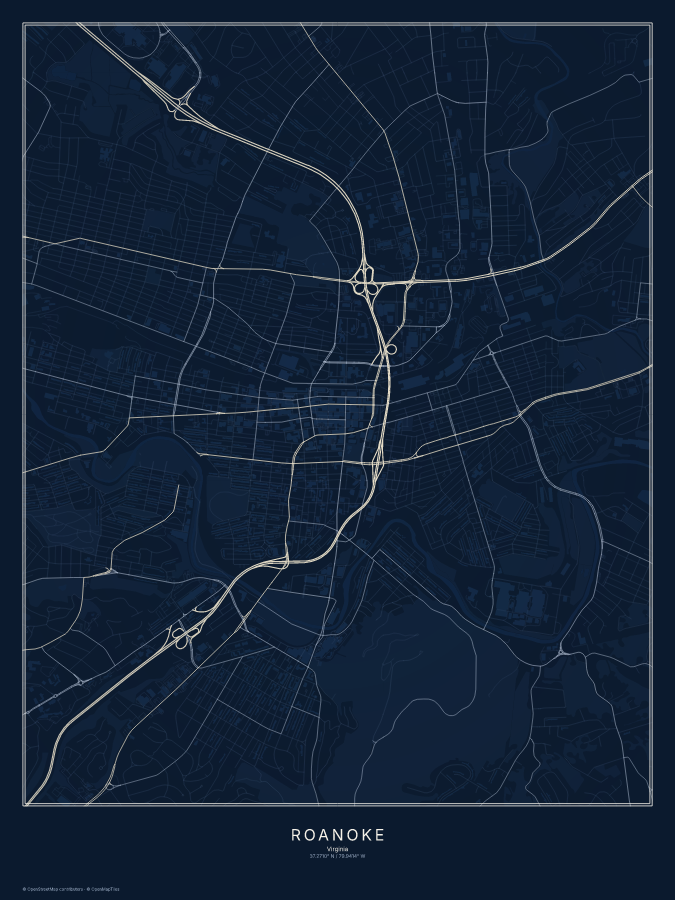 Roanoke map poster, midnight style