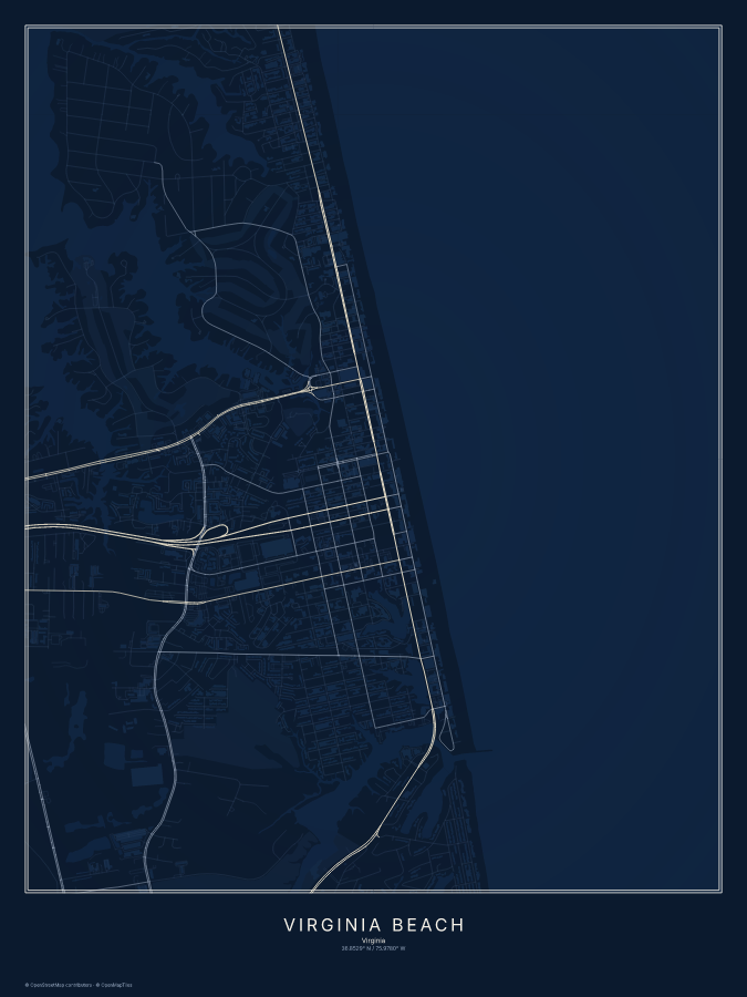 Virginia Beach map poster, midnight style