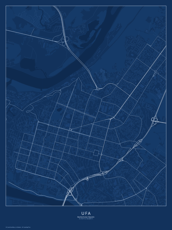 Ufa map poster, blueprint style
