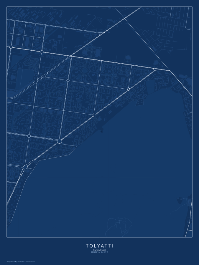 Tolyatti map poster, blueprint style