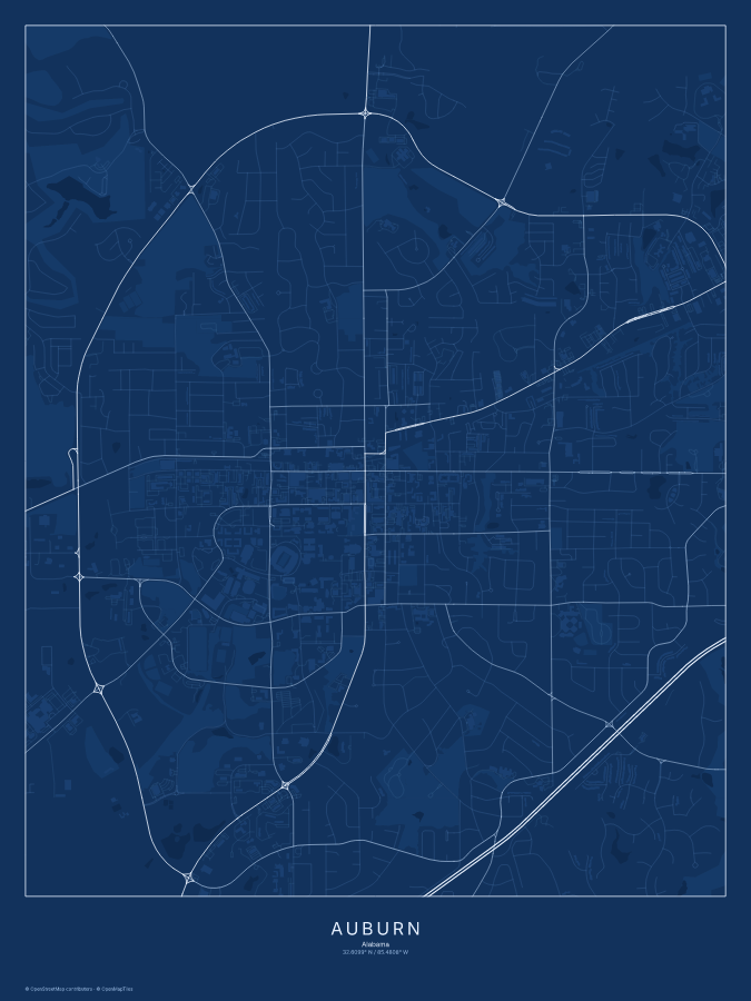Auburn map poster, blueprint style