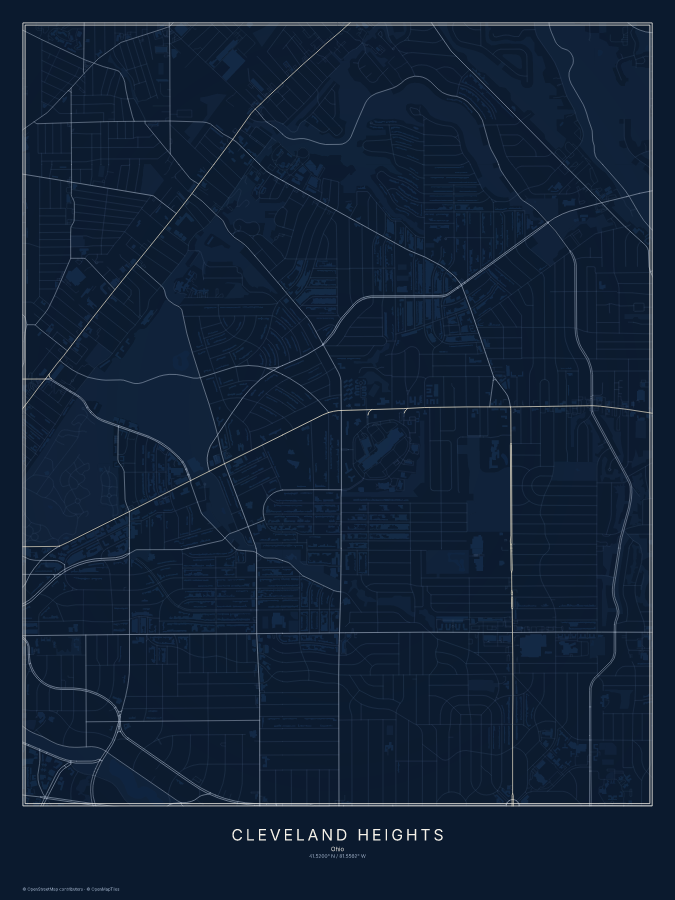 Cleveland Heights map poster, midnight style