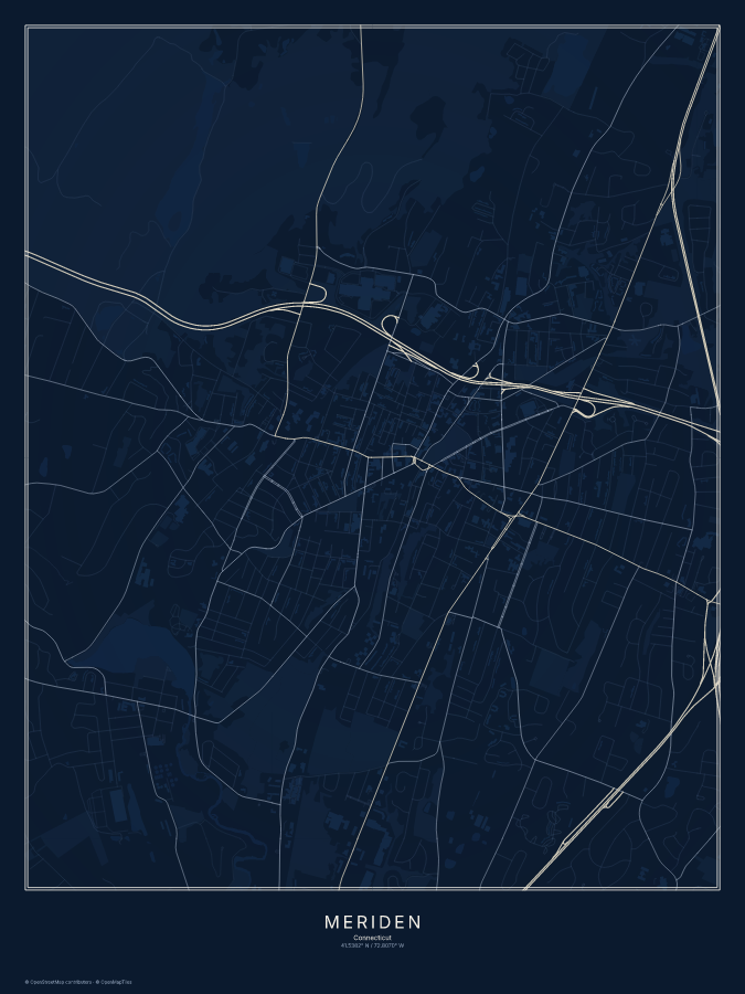 Meriden map poster, midnight style