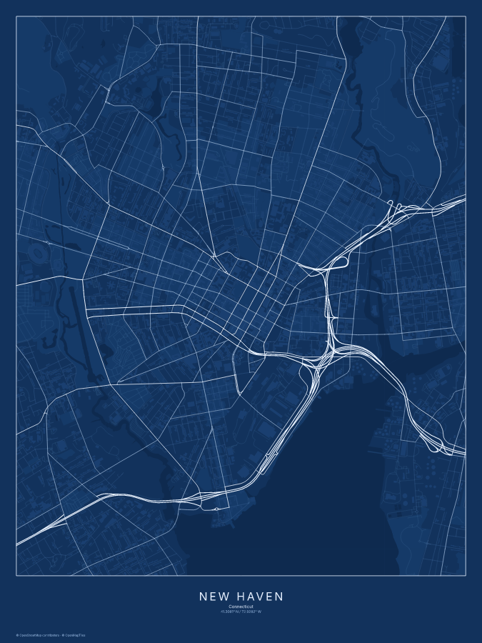 New Haven map poster, blueprint style
