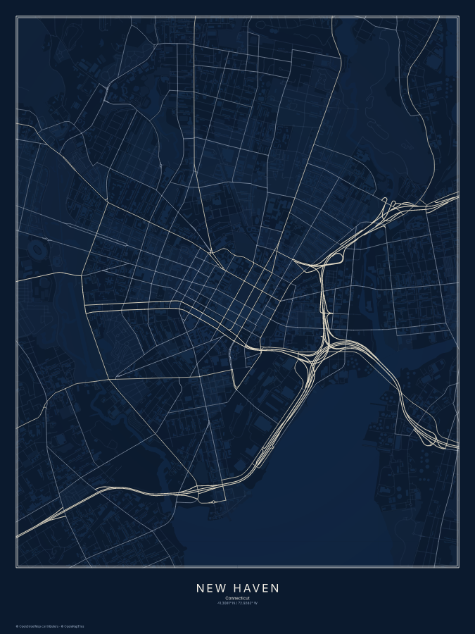New Haven map poster, midnight style