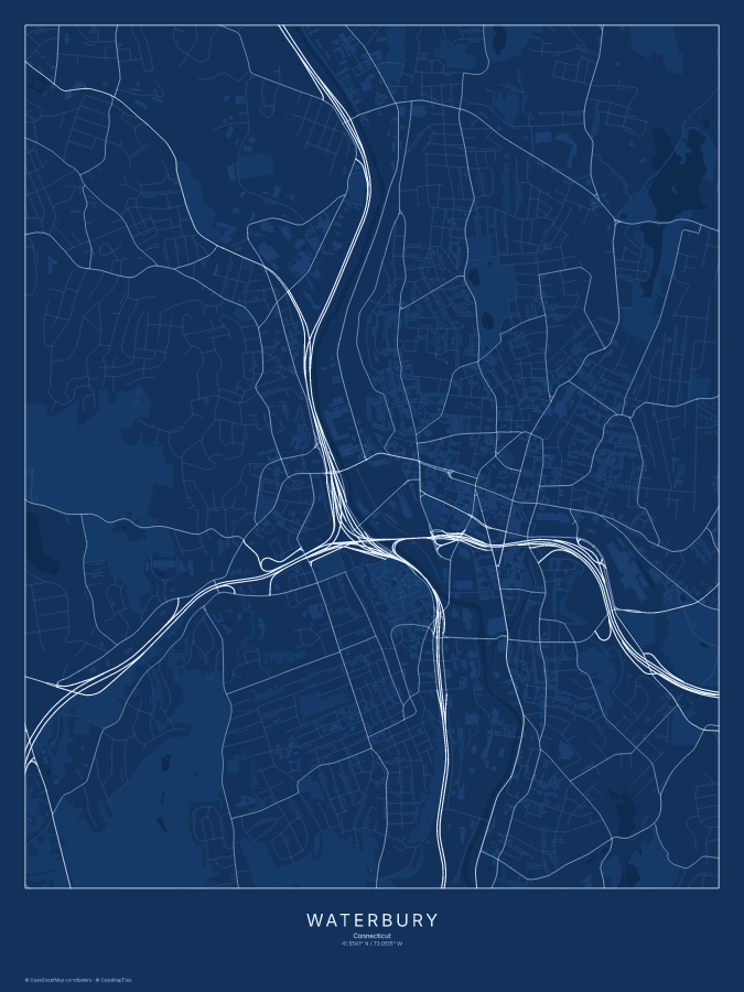 Waterbury map poster, blueprint style