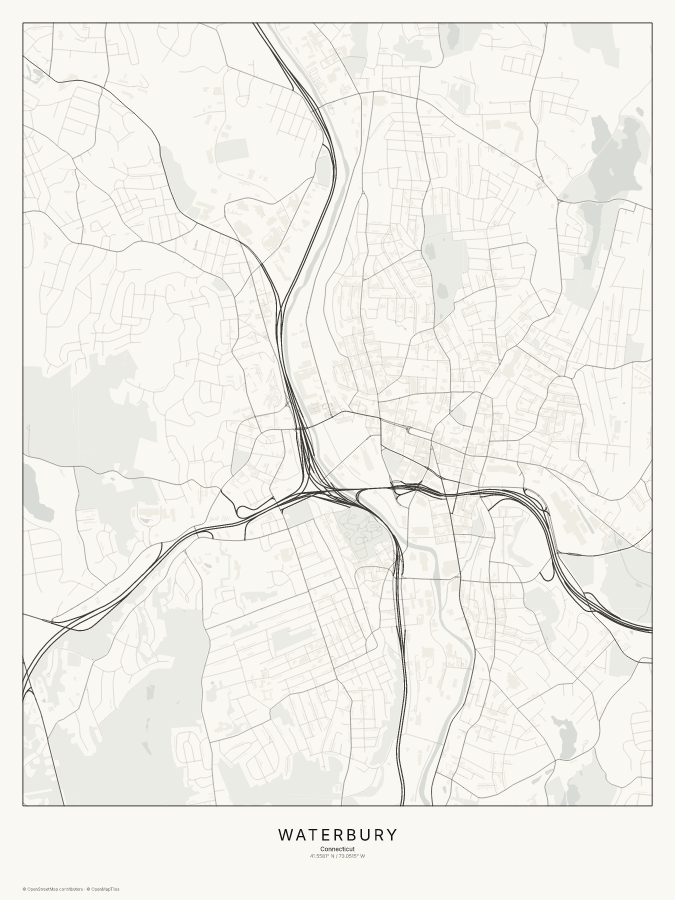 Waterbury map poster, classic style