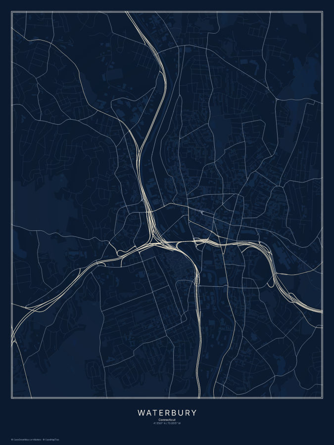Waterbury map poster, midnight style